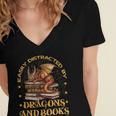Easily Distracted By Dragons And Books Fantasy Book Lover Women's Jersey Short Sleeve Deep V-Neck Tshirt