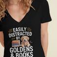 Easily Distracted By Goldens & Books Golden Retriever Dog Women's Jersey Short Sleeve Deep V-Neck Tshirt
