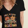 Fall In Love With Reading Autumn Pumpkin Teacher Book Lover Women's Jersey Short Sleeve Deep V-Neck Tshirt