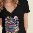 Fantasy Drama Tragedy Cute Cat Book Lover Readers Librarians Women's Jersey Short Sleeve Deep V-Neck Tshirt