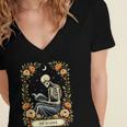 Floral Tarot Card The Reader Skeleton Reading Book Women's Jersey Short Sleeve Deep V-Neck Tshirt