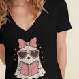 Ghost Reading Book Halloween Cat Lover Women's Jersey Short Sleeve Deep V-Neck Tshirt