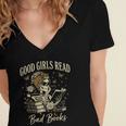 Good Girls Read Bad Books Vintage Skeleton Reader Women's Jersey Short Sleeve Deep V-Neck Tshirt