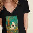 Groovy Ghost Reading Book Cat Halloween Ghost Teacher Women's Jersey Short Sleeve Deep V-Neck Tshirt