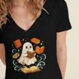 Halloween Cute Ghost Shirt Reading Books Ghost Women's Jersey Short Sleeve Deep V-Neck Tshirt