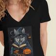 Halloween Girls Boys Cute Wolf Book Pumpkin Kids Halloween Women's Jersey Short Sleeve Deep V-Neck Tshirt