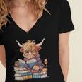Highland Cow Reading Book Librarian Library Women's Jersey Short Sleeve Deep V-Neck Tshirt