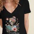 Just A Girl Who Loves Books Messy Bun Book Skeleton Bookworm Women's Jersey Short Sleeve Deep V-Neck Tshirt
