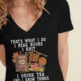 Knitting Reading Books Drinking Tea Knitter Knit Women's Jersey Short Sleeve Deep V-Neck Tshirt