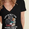 Life Is Better With Books Cats & Coffee Librarian Book Lover Women's Jersey Short Sleeve Deep V-Neck Tshirt