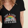 Take a Look It's In a Book Reading Vintage Retro Rainbow Women's Jersey Short Sleeve Deep V-Neck Tshirt