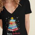 Merry Bookmas Book Christmas Tree Lights Xmas Men Women Kids Women's Jersey Short Sleeve Deep V-Neck Tshirt