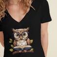 Owl Reading A Book Perched On A Branch Bookworm Women's Jersey Short Sleeve Deep V-Neck Tshirt
