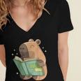 Pet Capybara Is Reading Library Capy Word Book Day Teacher Men Women Kids Women's Jersey Short Sleeve Deep V-Neck Tshirt