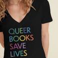 Queer Books Save Lives Read Banned Books LGBTQIA Books Women's Jersey Short Sleeve Deep V-Neck Tshirt