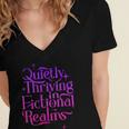Quietly Thriving In Fictional Realms Book Lovers Women's Jersey Short Sleeve Deep V-Neck Tshirt