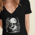Rabbit Reading Book Full Moon Lake Scenery Women's Jersey Short Sleeve Deep V-Neck Tshirt