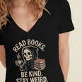 Read Books Be Kind Stay Weird Skeleton Grim Reaper Reading Women's Jersey Short Sleeve Deep V-Neck Tshirt Read Books Be Kind Stay Weird Skeleton Grim Reaper Reading Women's Jersey Short Sleeve Deep V-Neck Tshirt