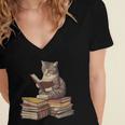 Reading Cat Book Lover Women's Jersey Short Sleeve Deep V-Neck Tshirt