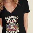 Reading Makes You Hoppier Bunny Book Fans Toddler Kid Women's Jersey Short Sleeve Deep V-Neck Tshirt