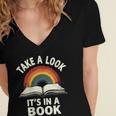 Retro Rainbow Take A Look It's In A Book Reading Women's Jersey Short Sleeve Deep V-Neck Tshirt