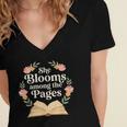 She Blooms Among The Pages Women Mom Wife Floral Book Quote Women's Jersey Short Sleeve Deep V-Neck Tshirt