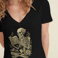 Skeleton Book Floral Skull Halloween Teacher Costume Women's Jersey Short Sleeve Deep V-Neck Tshirt Skeleton Book Floral Skull Halloween Teacher Costume Women's Jersey Short Sleeve Deep V-Neck Tshirt