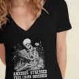 Skeleton Reading Book Anxious Stressed True Crime Obsessed Women's Jersey Short Sleeve Deep V-Neck Tshirt