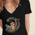 Sloth Reading a Book Lazy Sloth Bookworm Women's Jersey Short Sleeve Deep V-Neck Tshirt