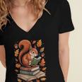 Squirrel Reading Book Lovers Fall Leaves Library Books Women's Jersey Short Sleeve Deep V-Neck Tshirt