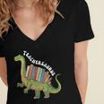 Teachersaurus Dinosaur Teachers Dino Reading Book Librarian Women's Jersey Short Sleeve Deep V-Neck Tshirt