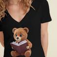 Teddy Bear Reading a Book Women's Jersey Short Sleeve Deep V-Neck Tshirt