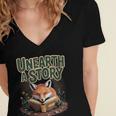 Unearth A Story Fox Reads a Book Women's Jersey Short Sleeve Deep V-Neck Tshirt