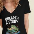 Unearth a Story Frog Reading a Book Summer 2026 Women's Jersey Short Sleeve Deep V-Neck Tshirt