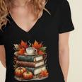 Vintage Autumn Books Coffee Pumpkin Fall Reading Women's Jersey Short Sleeve Deep V-Neck Tshirt Vintage Autumn Books Coffee Pumpkin Fall Reading Women's Jersey Short Sleeve Deep V-Neck Tshirt