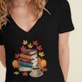 Vintage Books Tea Lovers Fall Autumn Leaves And Pumpkins Women's Jersey Short Sleeve Deep V-Neck Tshirt
