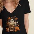 Vintage Ghost Book Reading Pumpkin Gothic Halloween Teachers Women's Jersey Short Sleeve Deep V-Neck Tshirt Vintage Ghost Book Reading Pumpkin Gothic Halloween Teachers Women's Jersey Short Sleeve Deep V-Neck Tshirt
