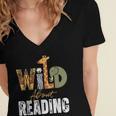 Wild About Reading Books Animal Theme Bookworm Library Day Women's Jersey Short Sleeve Deep V-Neck Tshirt