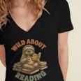Wild About Reading Sloth Coffee Teacher Book Lover Women's Jersey Short Sleeve Deep V-Neck Tshirt Wild About Reading Sloth Coffee Teacher Book Lover Women's Jersey Short Sleeve Deep V-Neck Tshirt