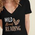 Wild About Reading Teacher Books Reader Lovers Leopard Zebra Women's Jersey Short Sleeve Deep V-Neck Tshirt