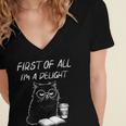 Women's First Of All I’m A Delight Cute Cat Books Coffee Humor Women's Jersey Short Sleeve Deep V-Neck Tshirt