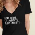 Women's Read Books Lift Weights Fight Fascists Reading Activism Women's Jersey Short Sleeve Deep V-Neck Tshirt
