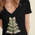 Xmas Tree Books Merry Christmas Coquette Bow Teacher Holiday Women's Jersey Short Sleeve Deep V-Neck Tshirt