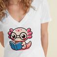 Adorable Book Lover Axolotl With Reading Glasses Cute Women's Jersey Short Sleeve Deep V-Neck Tshirt