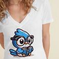 Adorable Book Lover Blue Jay With Reading Glasses Cute Raglan Baseball Tee Women's Jersey Short Sleeve Deep V-Neck Tshirt