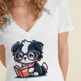 Adorable Book Lover Border Collie With Reading Glasses Cute Raglan Baseball Tee Women's Jersey Short Sleeve Deep V-Neck Tshirt