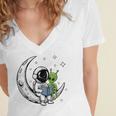 Astronaut Reading Book To Alien Moon Space Astronomy Women's Jersey Short Sleeve Deep V-Neck Tshirt