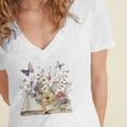 Book Flowers And Butterfly Beautiful Reading Reader Graphic Women's Jersey Short Sleeve Deep V-Neck Tshirt