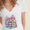 Book Lover Coquette Bow Pink Dainty Ribbon Cute Bookworm Women's Jersey Short Sleeve Deep V-Neck Tshirt