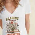 Book Lover Reading Bookish Floral Reading Powers Imagination Women's Jersey Short Sleeve Deep V-Neck Tshirt
